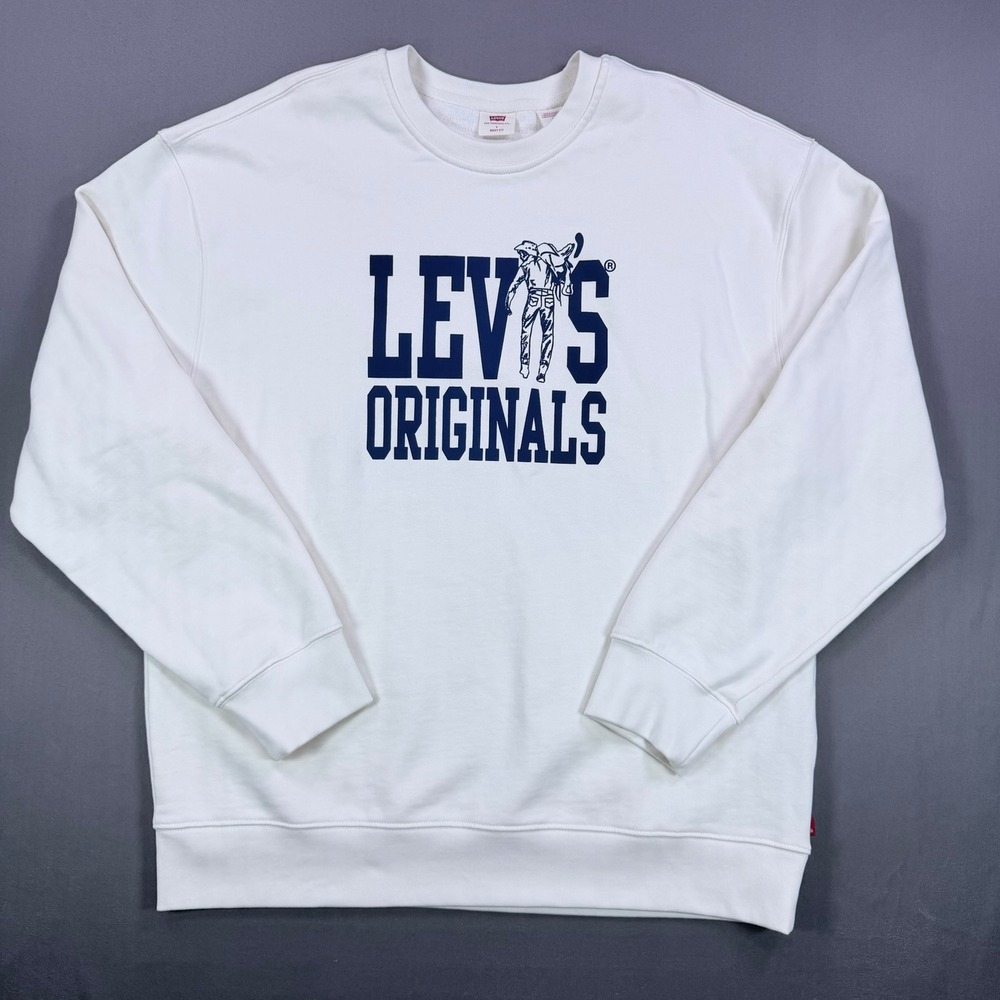 Levis Mens L White Cotton Fleece Boxy Fit Originals Graphic Crewneck Sweatshirt